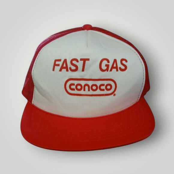 Vintage Conoco Fast Gas Snapback Trucker Hat Red/White YA Headwear - Picture 1 of 5